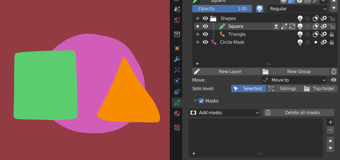 Hiding the group will hide all its elements. Also, adding a mask to a group will add that mask to all its children. If you edit masks in a group, all their children will be edited.